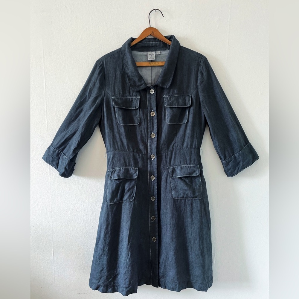 Tristan Light Linen Utility Shirt Dress | Medium | Contrast Stitching, Pockets